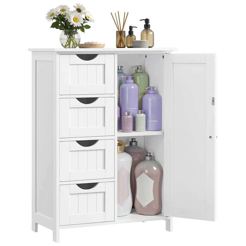 VASAGLE Bathroom Floor Storage Cabinet, Bathroom Storage Unit with 4 Drawers, Bathroom Cabinet Freestanding, with 1 Door, Adjustable Shelf, 35 x 65 x 90 cm, Cloud White LHC042W01