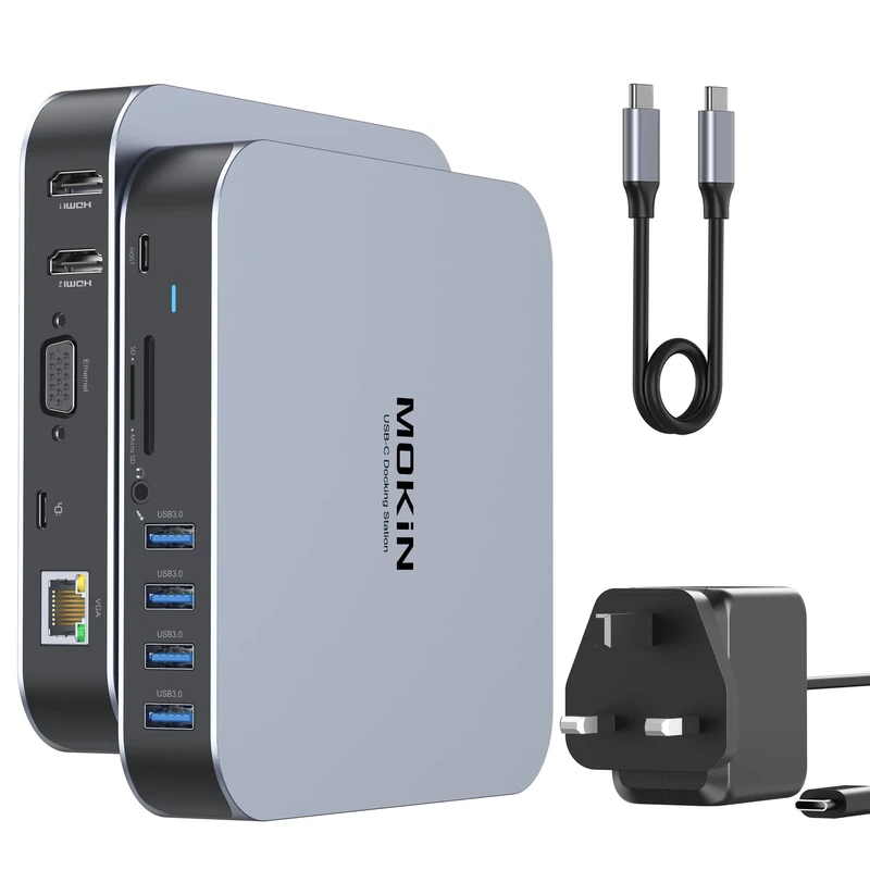 MOKiN USB C Docking Station for MacBook, Laptop Docking Station 3 Monitor with 65W Power Adapter, USB C Dock Dual 4K HDMI, VGA, 4 USB 3.0, RJ45 Gigabit Ethernet, 100W PD, SD/TF, Audio for Dell HP