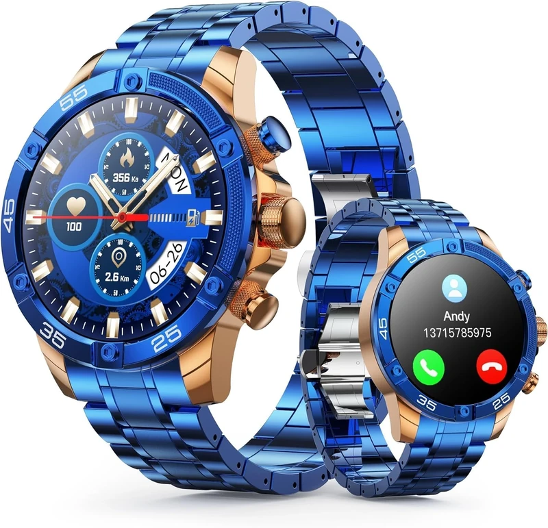 OHUGNA Men's Smart Watch Round HD 1.53" Gold Blue Smart Watches for Men, Multiple Sports Modes, Bluetooth Voice Call. Available for iOS and Android, Blue, L, Modern
