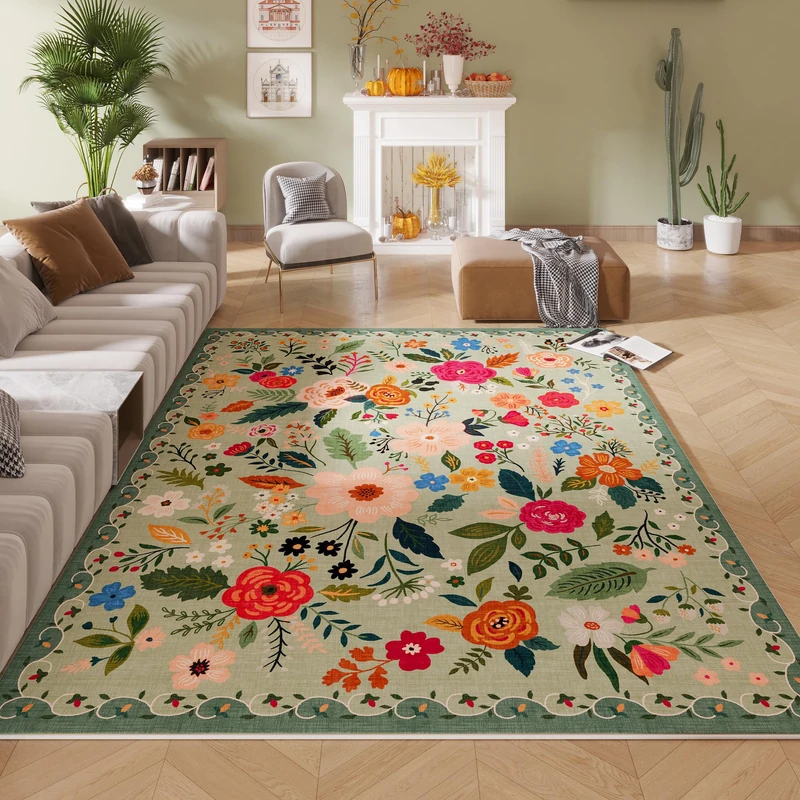 Rugcomf Living Room Rug 5x7 Rug Machine Washable Boho Area Rug Non Slip Floral Vintage Low Pile Large Rugs for Living Room, Bedroom, Farmhouse, Dining Room, Kids Playroom(Green)