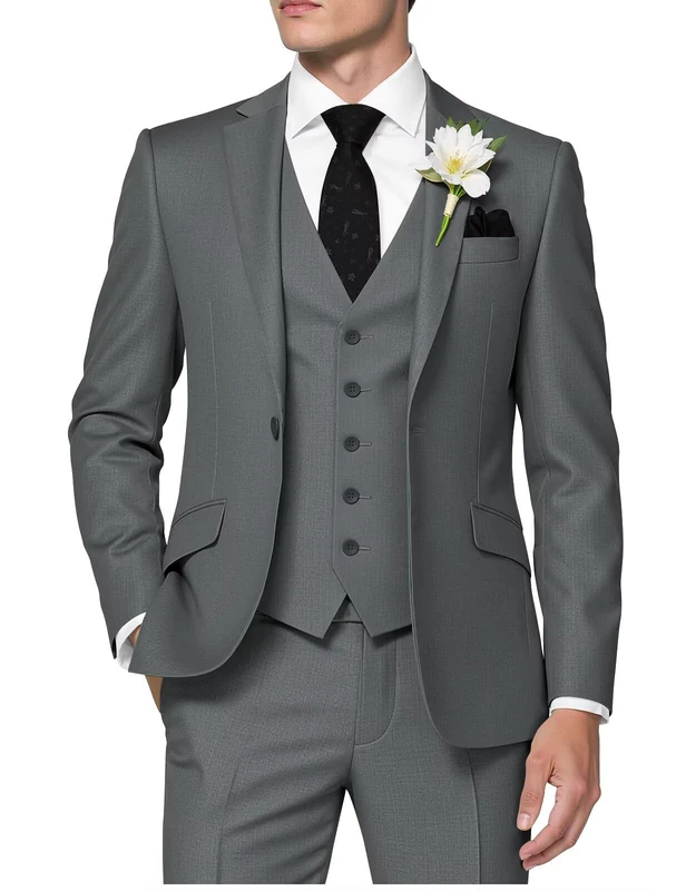 HUUTOE Men’s 3-Piece Suit, Slim Fit for Work, Wedding, Prom – One-Button Blazer Jacket, Waistcoat, Trousers – Dinner Jacket, Grey, XS
