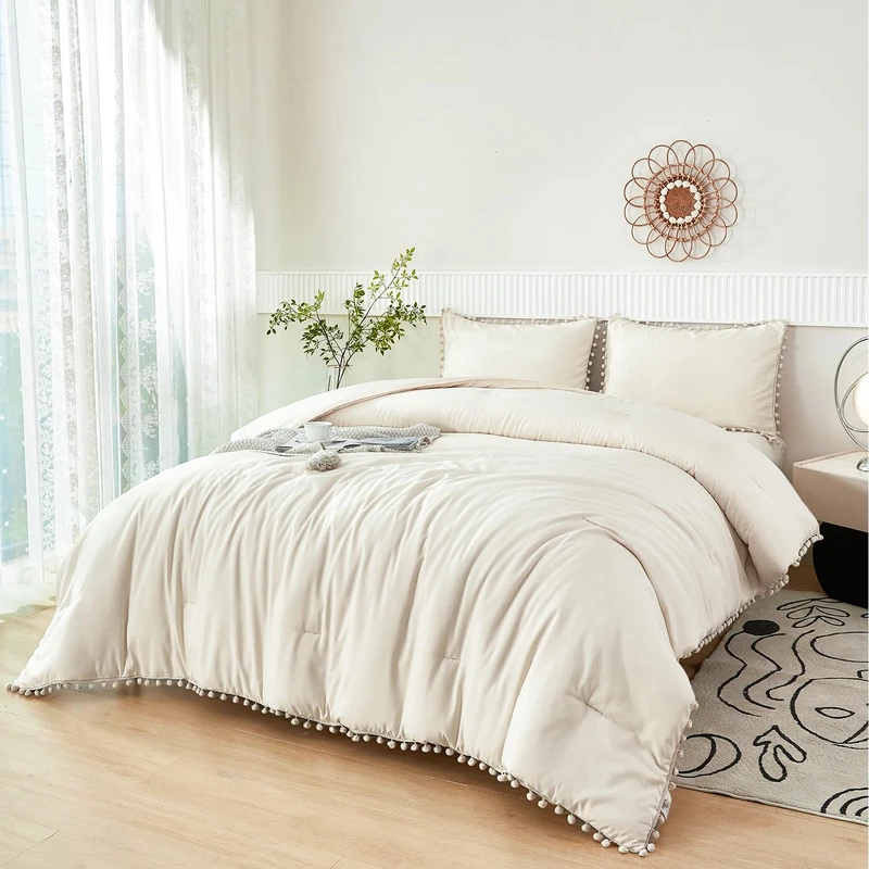 PERFEMET Beige Bed in A Bag Full Size 5 Pieces Aesthetic Pom Pom Bedding with Sheet Set Soft Fluffy Cream Boho Solid Bed Set for All Seasons(Beige Cream, Full)