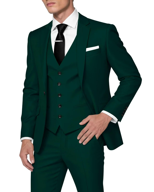HUUTOE Men's 3 Piece Suits Slim Fit Prom Suits for Men Wedding Dress Suit Summer Blazer Jacket Vest Pants Tuxedo Set, Dark Green, L