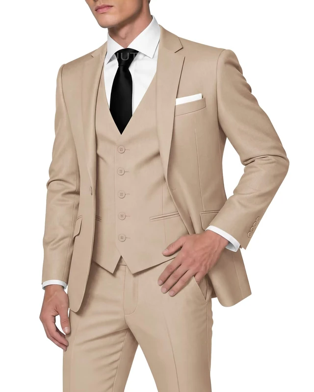 HUUTOE Men's 3 Piece Suits Slim Fit Prom Suits for Men Wedding Dress Suit Summer Blazer Jacket Vest Pants Tuxedo Set, Champagne, S