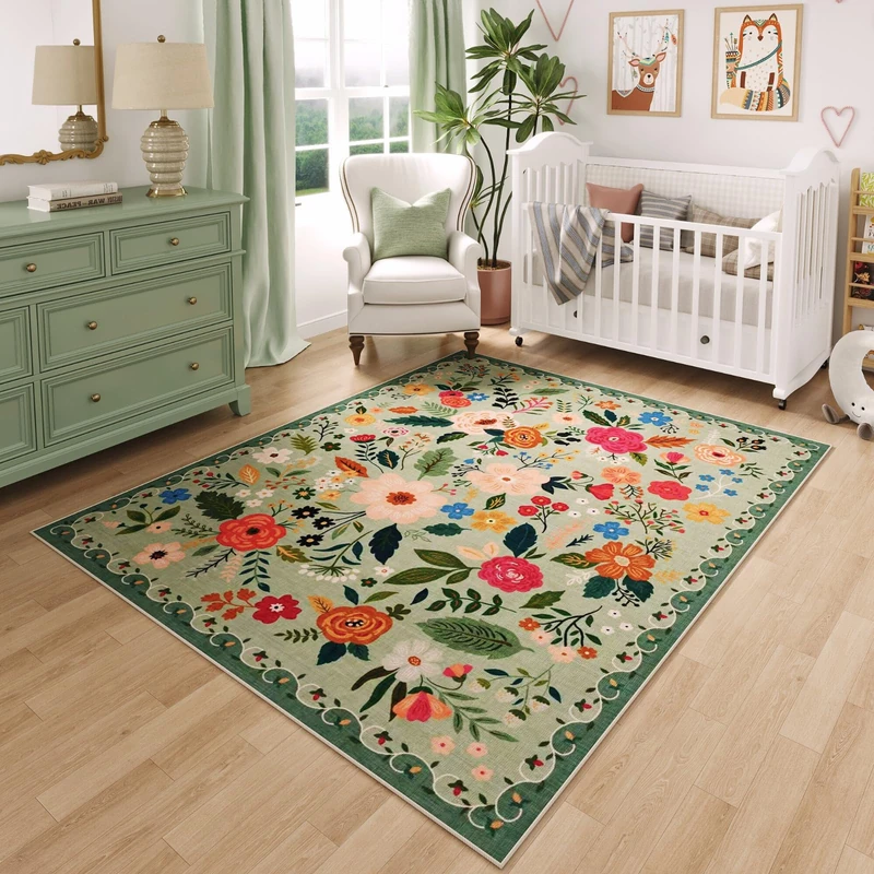 Rugcomf Bedroom Rug 3x5 Rug Washable Area Rug Non Slip Low Pile Boho Floral Small Carpet for Bedroom, Bedside, Kitchen, Entryway, Kids Room, Office, College Dorm Essentials for Girls(Green)
