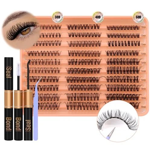JIMIRE Natural Lashes 300pcs Individual Eyekashes Kit - 30D, 40D, 50D Wispy Eyelash Extension Kit with Lash Bond and Seal, Tweezers, 8-16MM Individual Cluster Fluffy Lashes