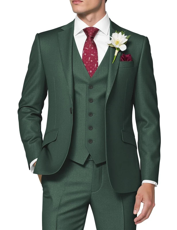 HUUTOE Men's 3 Piece Suit Slim Fit Prom Suits Tuxedo for Men Wedding Formal Mens Suit Solid Blazer Jacket Vest Pants Set, Dark Green, M