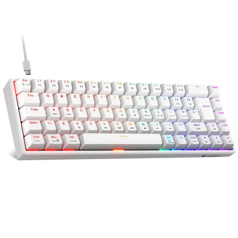 KOORUI 60% Mechanical Gaming Keyboard, Mixed Colors LED Backlit Ultra-Compact 69 Keys, Mini Wired Keyboard with Blue Switch for Windows Laptop PC/Mac OS/Xbox-WHITE(Blue Switch)