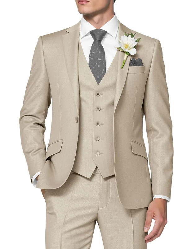HUUTOE Men's 3 Piece Suit Slim Fit Prom Suits Tuxedo for Men Wedding Formal Mens Suit Solid Blazer Jacket Vest Pants Set, Beige, XL