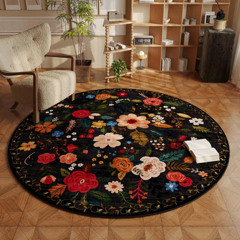 Rugcomf Round Washable Circle Rug 6ft Non Slip Low Pile Boho Floral for Bedroom, Bathroom, Entryway, Kids Room, Office, College Dorm (Black)