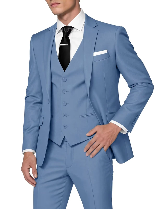 HUUTOE Men's 3 Piece Suits Slim Fit Prom Suits for Men Wedding Dress Suit Summer Blazer Jacket Vest Pants Tuxedo Set, Dusty Blue, XXL - Image 1