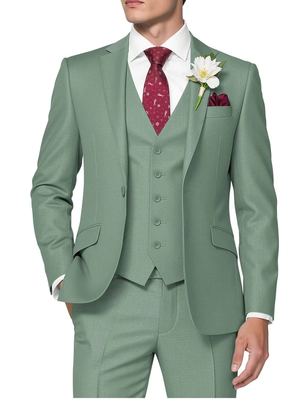 HUUTOE Men's 3 Piece Suit Slim Fit Business Wedding Groomsmen Prom Suits One Button Blazer Jacket Vest Trousers Pants Tuxedo Set, Sage Green, XS