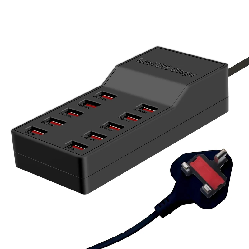 Balabaxer 10 port USB charging station, multi port charging station, suitable for smartphones, tablets, and other USB devices (black)