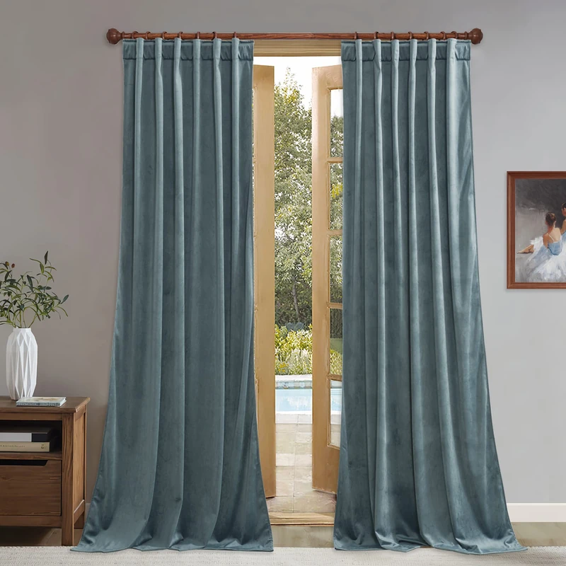 StangH Stone Blue Velvet Curtains Back Tab for Bedroom, W52 x L102, 2 Pcs
