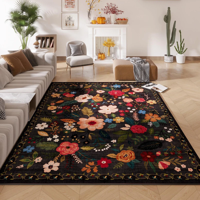 Rugcomf Boho Area Rug - 5x7, Machine Washable, Non Slip, Floral Vintage, Low Pile, Large Rugs for Living Room, Bedroom, Farmhouse, Dining Room, Kids Playroom (Black)