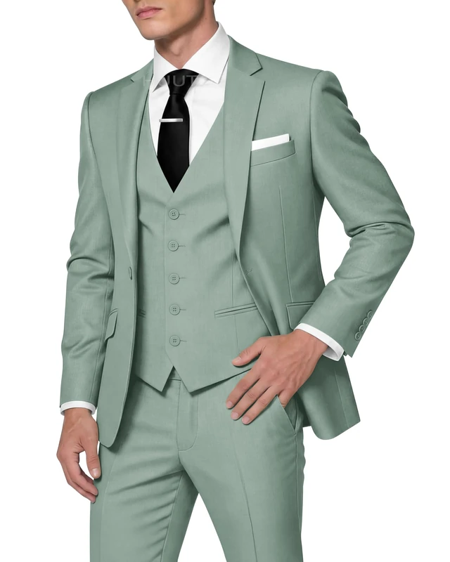 HUUTOE Men's 3 Piece Suit Slim Fit Prom Suits Tuxedo for Men Wedding Formal Mens Suit Solid Blazer Jacket Vest Pants Set, Sage Green, L