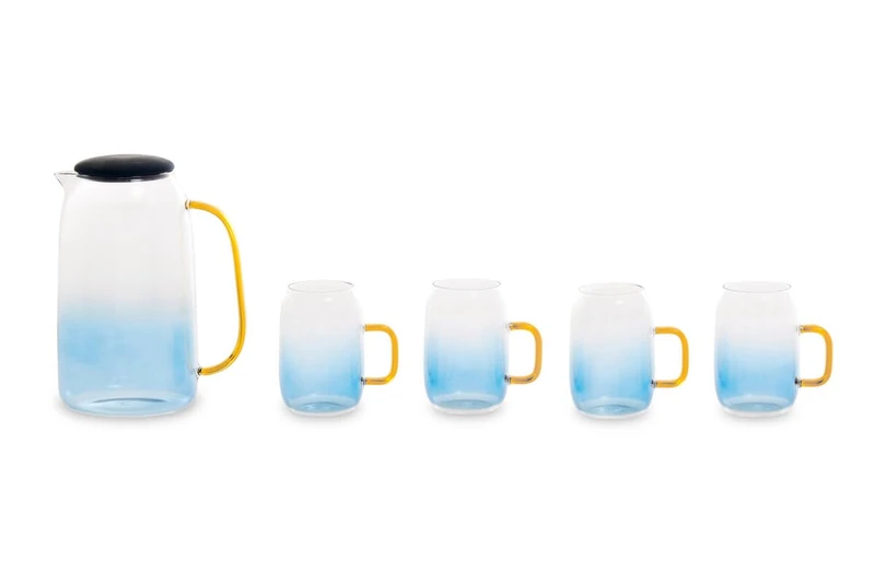 Premier Housewares Blue Glass and Jug Five Piece Set Stylish Glassware with Amber Handles Clear and Blue Tint Perfect for Serving Drinks Functional Elegance Pitcher Jug 8x21x8
