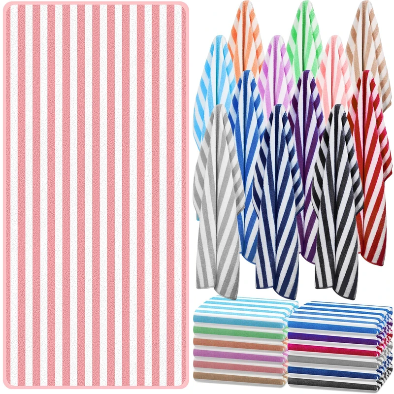 Preboun 50 Pack Striped Beach Towels Bulk Coral Fleece Pool Towel Oversized 28 x 60 Inch Soft Absorbent Spa Towels Quick Dry Bath Towels for Summer Beach Swimming Pool Hotel Bathroom, 12 Colors