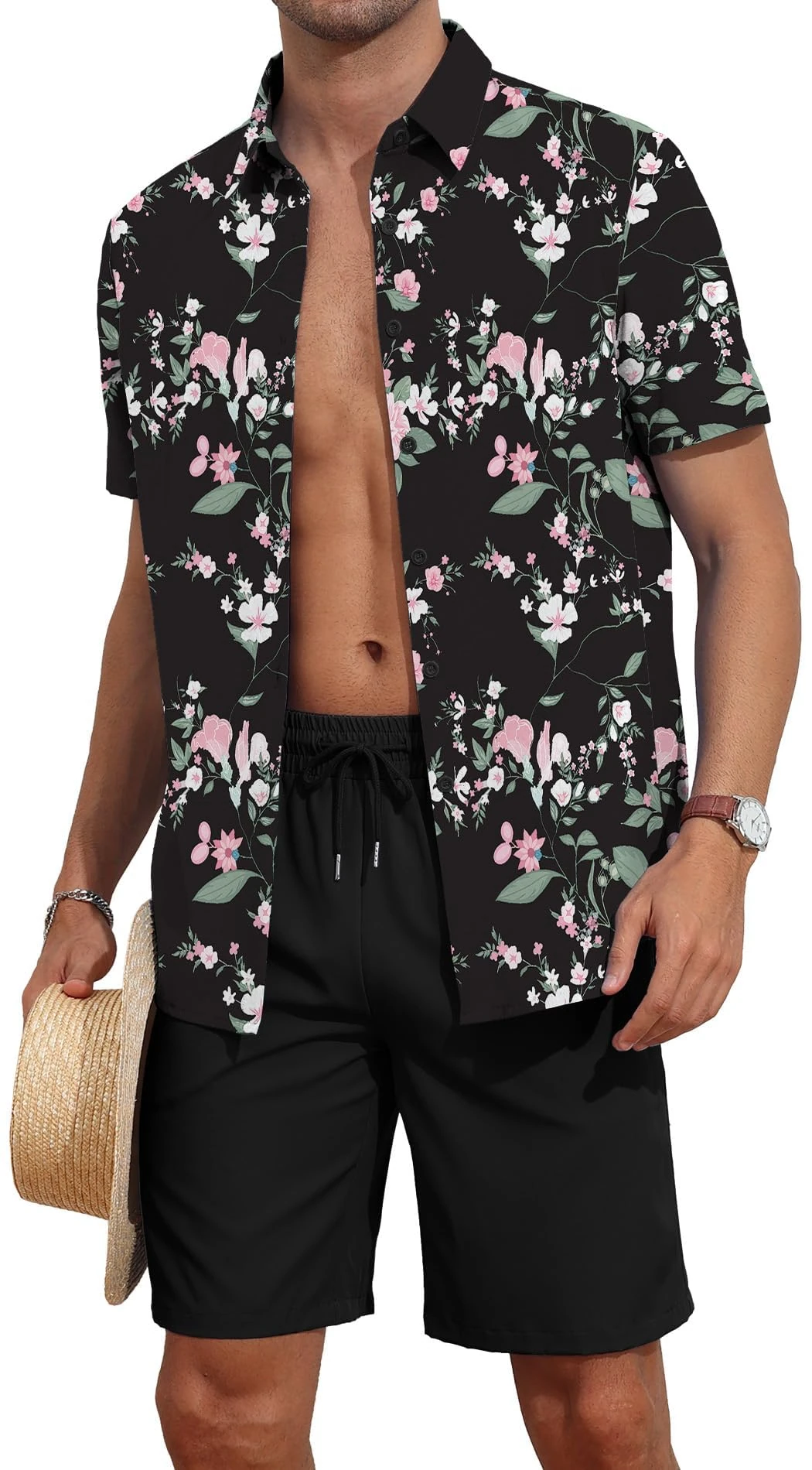 AIYINO Hawaiian Shirt Set Summer Personalized Shiteshirts Outfit Tropical Button Down Tops Beach Holiday Shirts Floral Black L