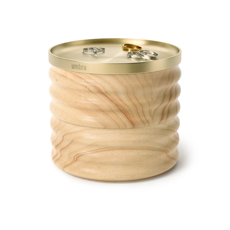 Umbra Tesora Jewelry Box, Necklace and Earring Holder, Accessory Organizer Display with Two Stacking Wood Compartments and Metal Lid, Natural/Brass