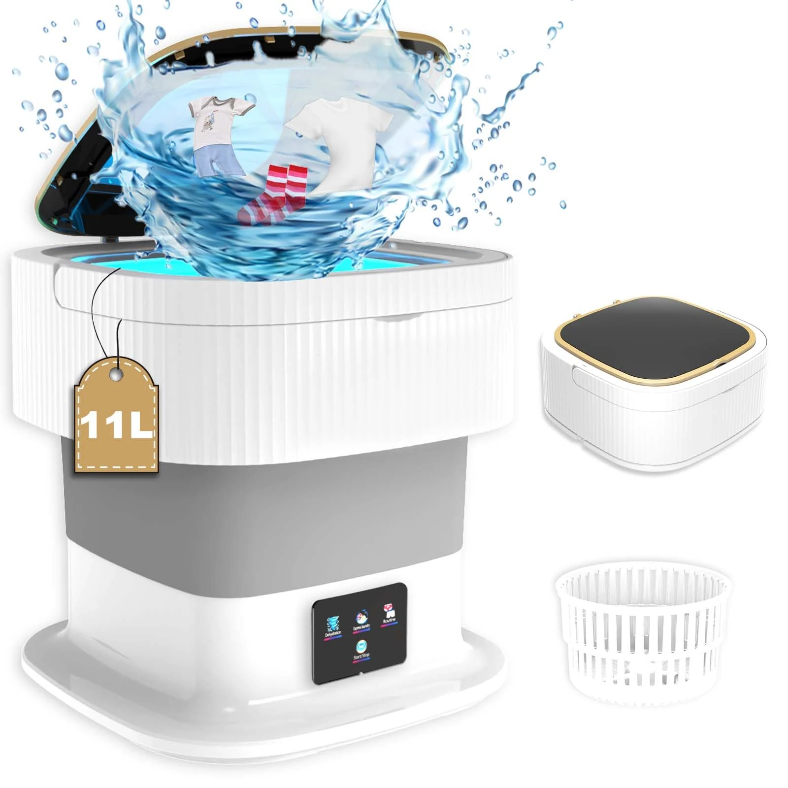 Portable Washing Machine, 2 in 1 Mini Foldable Washer with Drain Basket washer, 11L Large Intelligent Laundry Machine for Baby Clothes, Underwear, Apartment, Camping, RV, Gift, Travel