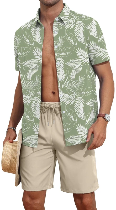 AIYINO Men's Rayon Hawaiian Shirt | Breathable Tropical Holiday Top | Floral Beach Shirt with Chest Pocket Green Palm Leaf L