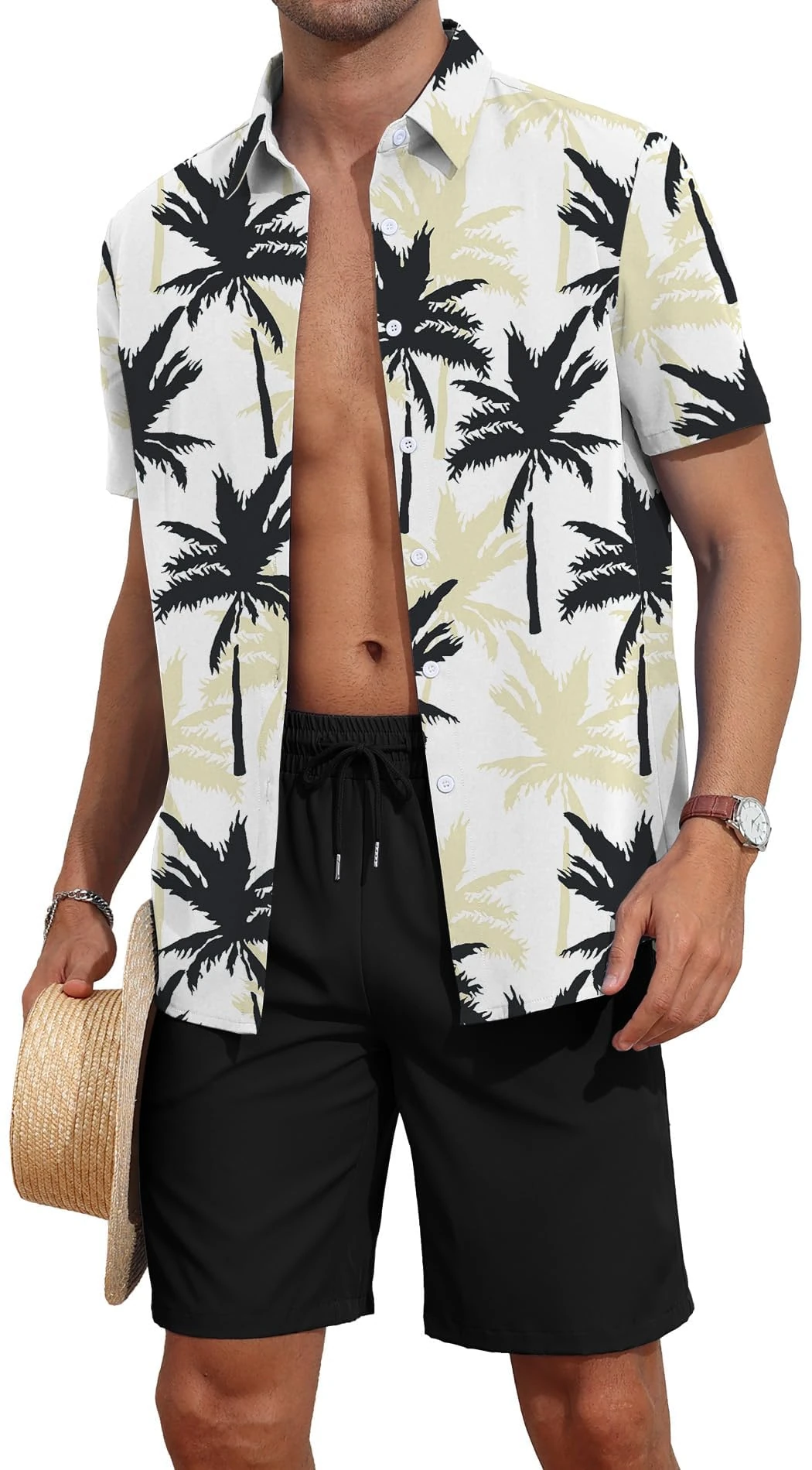 AIYINO Hawaiian Shirt Set Summer Personalized Shiteshirts Outfit Tropical Button Down Tops Beach Holiday Shirts Black White Tropical S