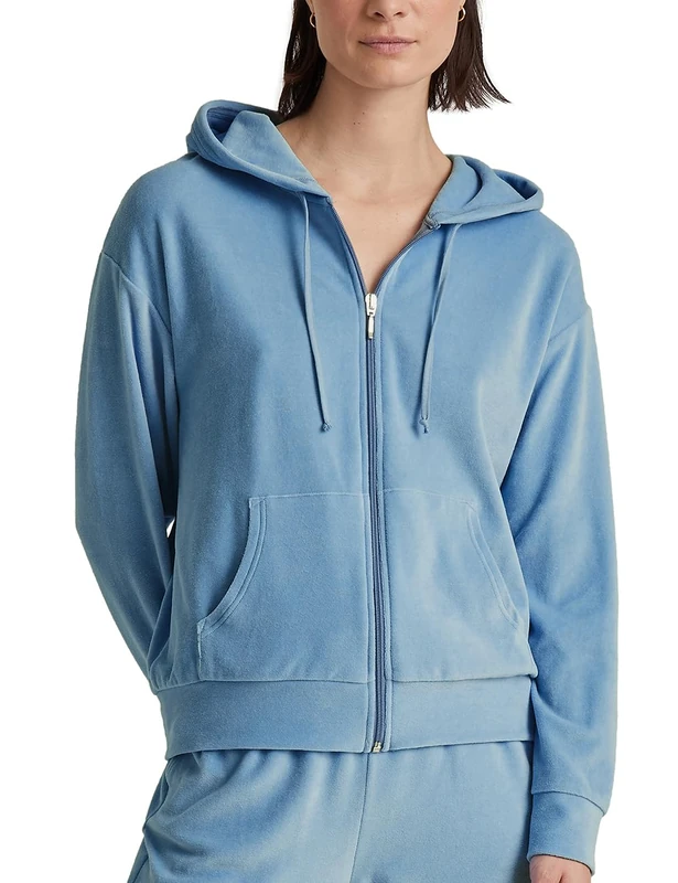 CALIDA Lounge Lavender Women's Soft Cotton Velour Hooded Jacket, Endless Sky, 40-42