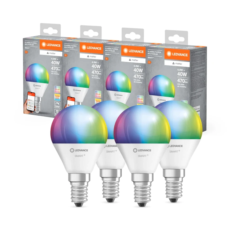 LEDVANCE Smart+ Matter LED lamp, Compatible with Google, Alexa, Apple, White Frosted Look, 4.9W, 470lm, E14 Base, Color Light, White Light, app or Voice Control, Life of up to 20,000 Hours, 4-Pack