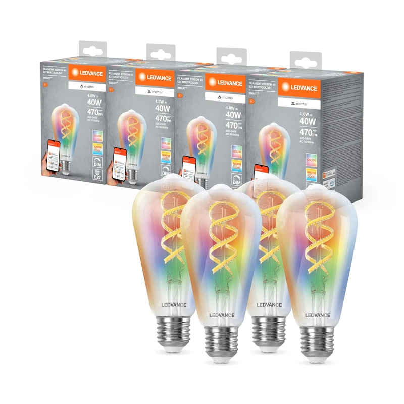 LEDVANCE Smart+ Matter LED lamp, Compatible with Google, Alexa, Apple, White Glass, 4.8W, 470lm, E27 Base, Color Light & White Light, app or Voice Control, Life of up to 15,000 Hours, 4-Pack