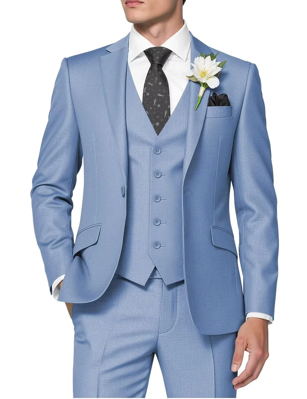 HUUTOE Men's 3 Piece Suit Slim Fit Business Wedding Groomsmen Prom Suits One Button Blazer Jacket Vest Trousers Pants Tuxedo Set, Dusty Blue, XL