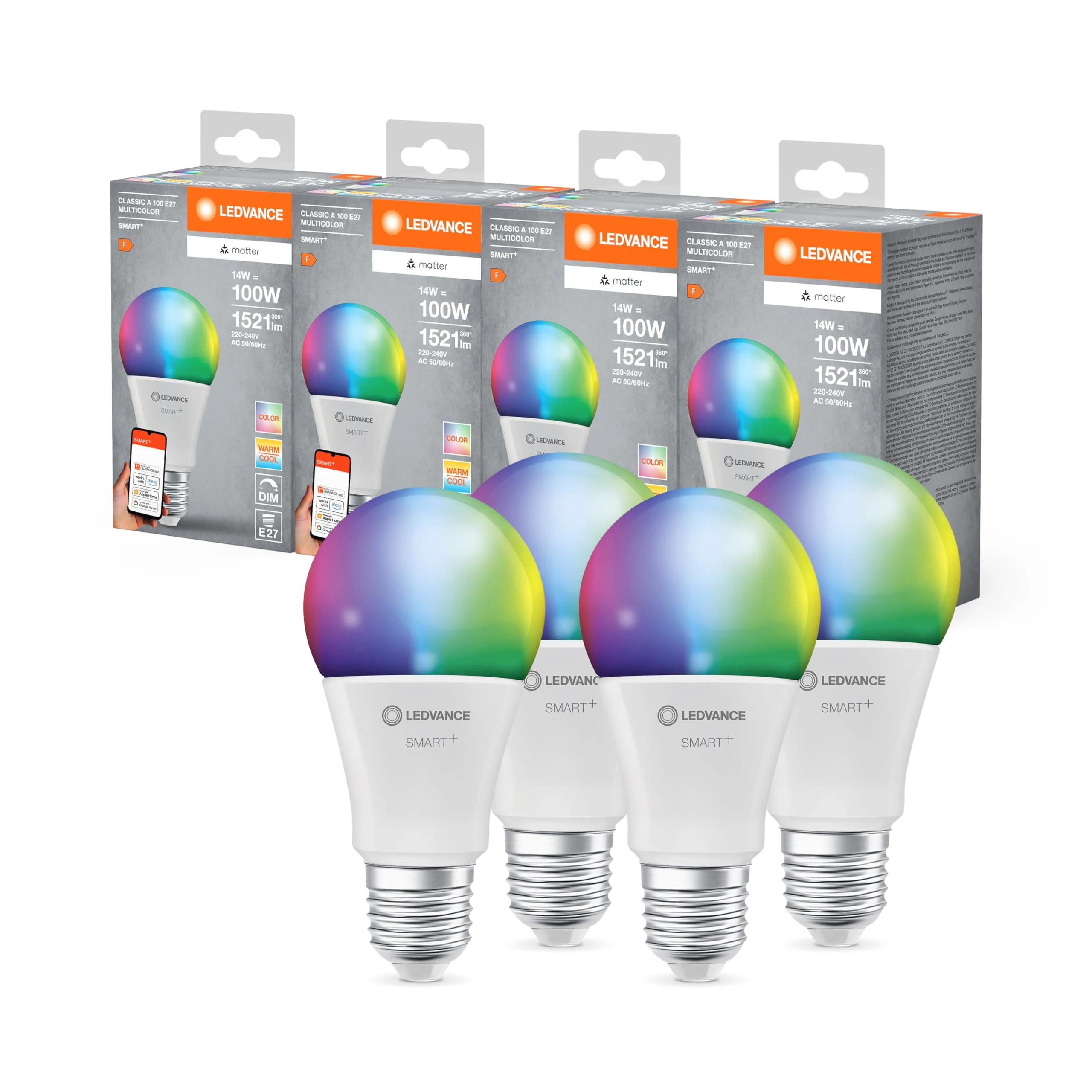 LEDVANCE Smart+ Matter LED lamp, White Frosted Look, 14W, 1521lm, Classic Bulb Shape with E27 Base, Color Light and White Light, app or Voice Control, Life of up to 20,000 Hours, 4-Pack
