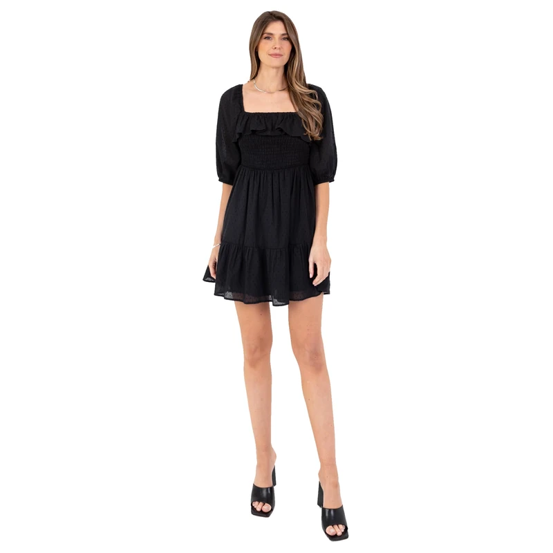 Lovedrobe Women's Mini Square Neckline Short Puff Sleeve Fit and Flare Skater A-line Casual Shirred Waist Smock Dress, Black, 26 - Image 1