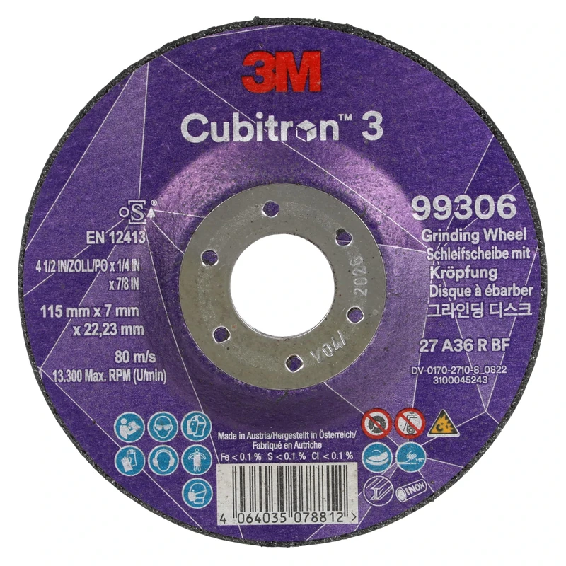 3M Cubitron 3 Depressed Center Grinding Wheel, 99306, 36+, T27, 115 mm x 7 mm x 22.23 mm, EN, 10/Pack