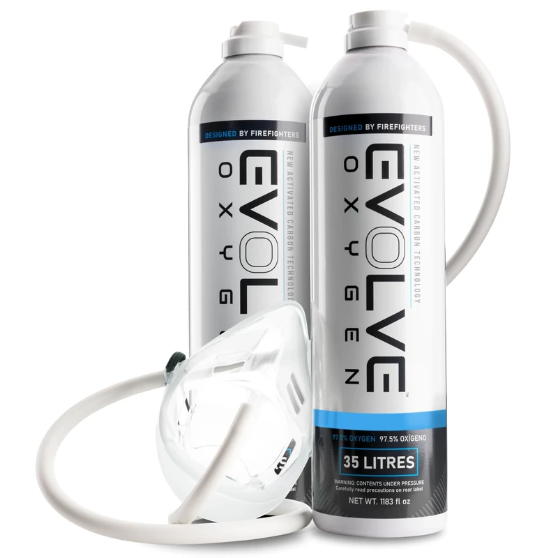 EVOLVE 35-Litre Pure Oxygen Canister with Mask and Tube | Portable Oxygen Can | Ideal for Home Use and Outdoor Activities | Designed by Firefighters | Made in Britain | Pack of 2