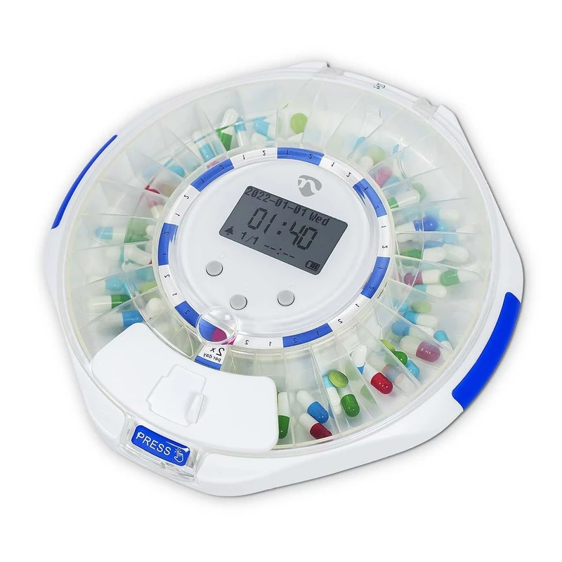 Nedis Smart Wi-Fi Pill Dispenser, 28 Compartments, 9 Daily Alarms, LCD Display, Locking Cover, Sliding Door, Medication Organiser for Vitamins & Supplements, Compatible with SmartLife App – White