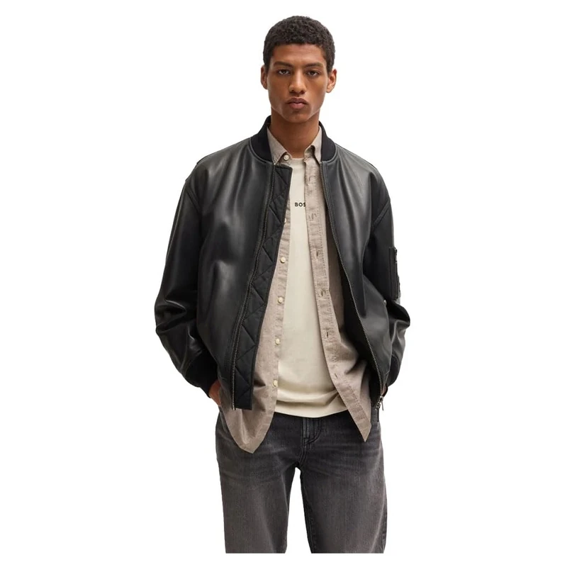 BOSS Mens Juge Leather Jacket with Branded Zipped Sleeve Pocket