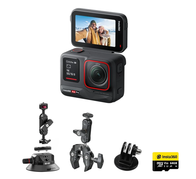 Insta360 Ace Pro 8K Action Camera MOUNTING Kit inc 64GB + Strong Suction Cup Mount + Super Clamp + Universal Camera Tripod Mount