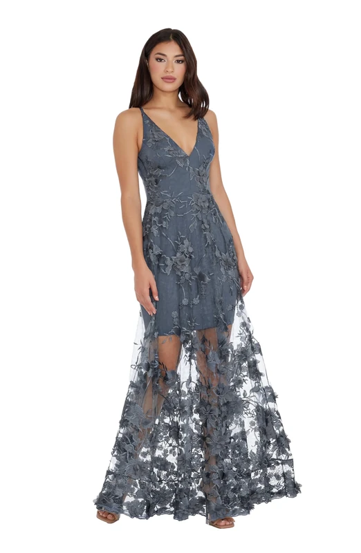 Dress the Population Women's Embellished Plunging Gown Sleeveless Floral Long Dress, Steel, M