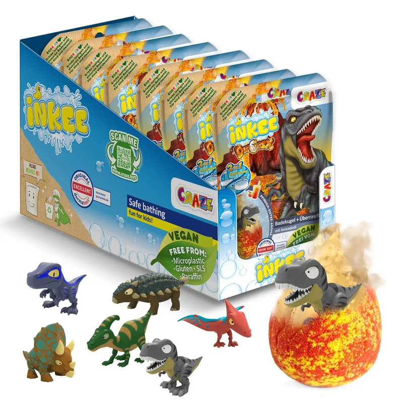 INKEE Surprise Dino Bath Bombs for Kids – 8 Pack Egg-Shaped Bath Bombs with Hidden Dinosaur Toys, Peach Iced Tea Scent – Fun Bubble Bath Gift Set for Children 3+ Years
