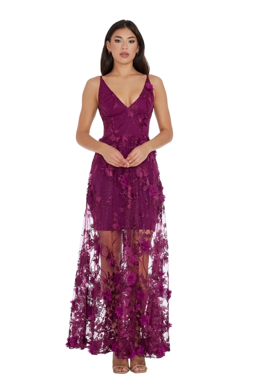 Dress the Population Women's Embellished Plunging Gown Sleeveless Floral Long Dress, Dark Magenta, S