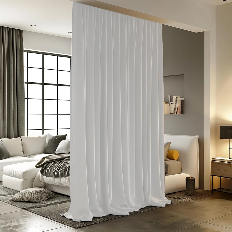 Room Divider Curtains with Hooks - Noise Reduction Blackout Privacy Curtain for Wall Mount Track, 15 ft Wide x 9 ft Tall, White, 1 Panel