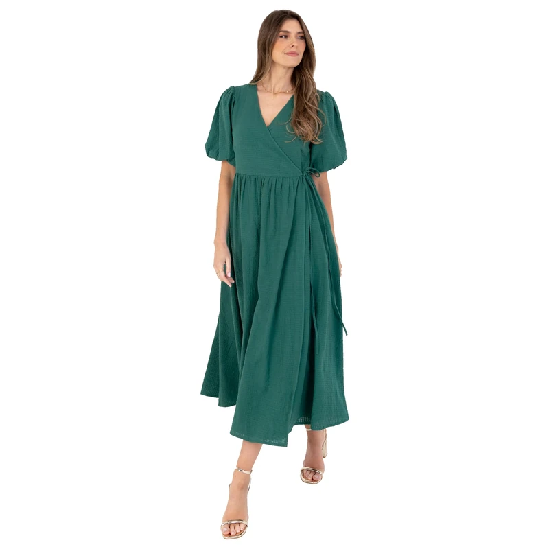 Lovedrobe Women's Ladies Maxi Dress Short Puff Sleeves V-Neckline Wrap Waist Tie A-line Evening Occasion Summer Wedding Guest Green 8