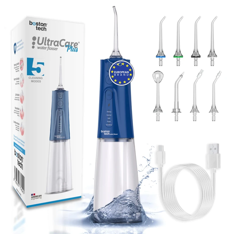 Aquapik® Portable Water Flosser UltraCare Plus | Removes Plaque + Recommended by Dentists + Protects Implants and Orthodontics | Oral Irrigator with 8 Nozzles + 5 Modes of Use + 300 ml Reservoir