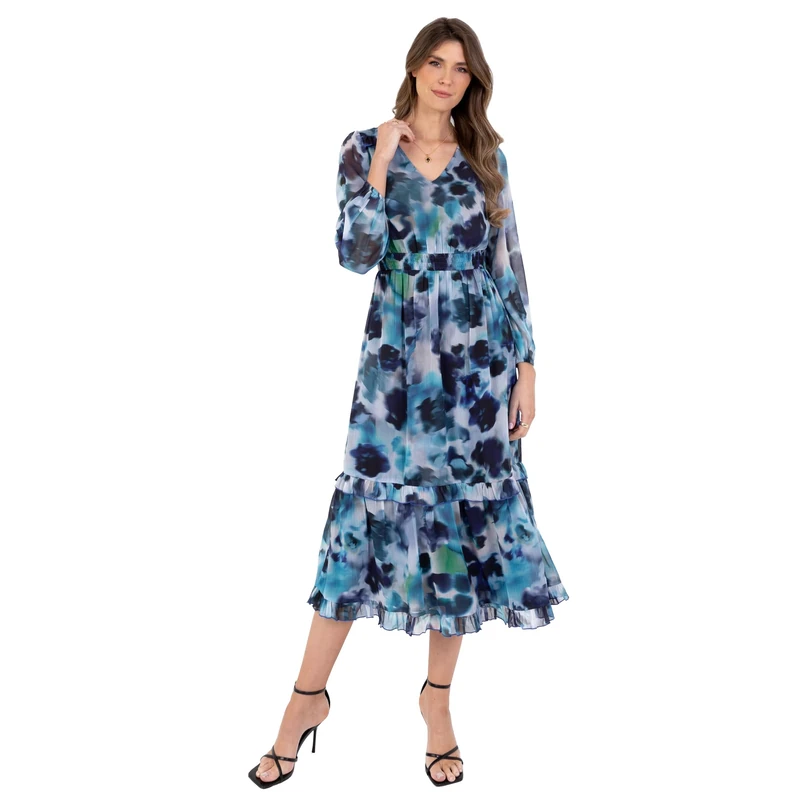 Lovedrobe Women's Midaxi Dress Long Balloon Sleeve V-Neck Tiered Ruffle Abstract Floral Print A-line Elasticated Waist Blue 50, Blue, 24