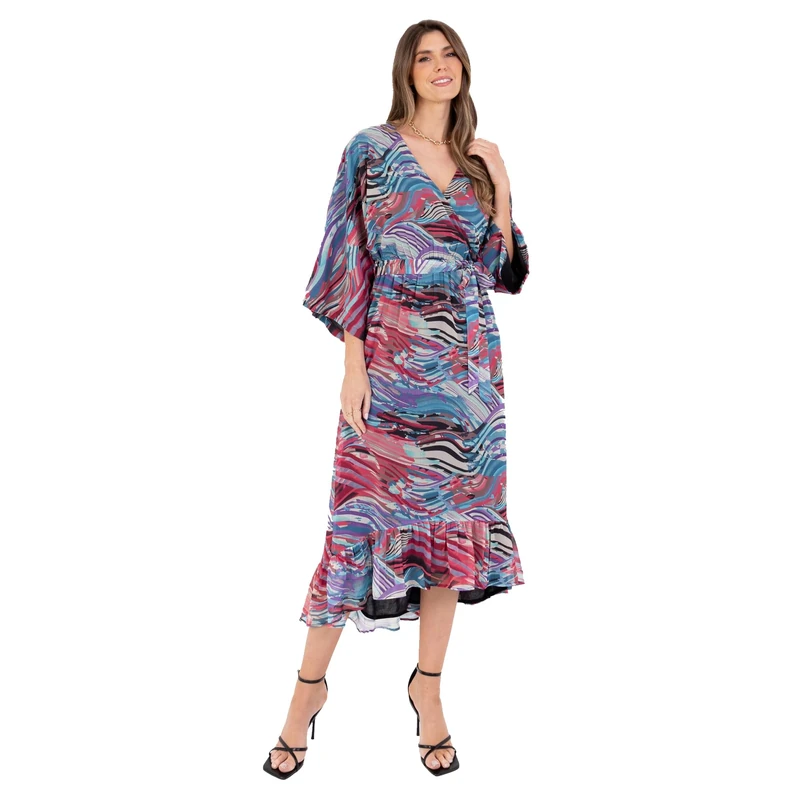 Lovedrobe Women's Women's Ladies Maxi Dress V-Neck Kimono Half Sleeve Wrap Front High-Low Hem Abstract Floral Print Waist Tie A-line Dress, Multi,