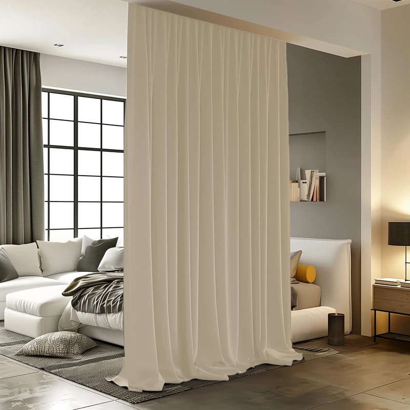 RoomDarkning Room Divider - Blackout Ceiling Track Curtains, Noise Reduction Privacy Screen, 10 ft Wide x 8 ft Tall, Cream Beige