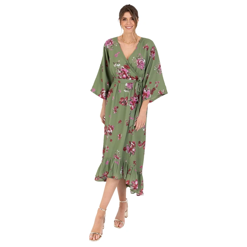 Lovedrobe Women's Ladies Maxi Dress V-Neck Kimono Half Sleeve Wrap Front High-Low Hem Floral Print Waist Tie A-line Summer Green 24