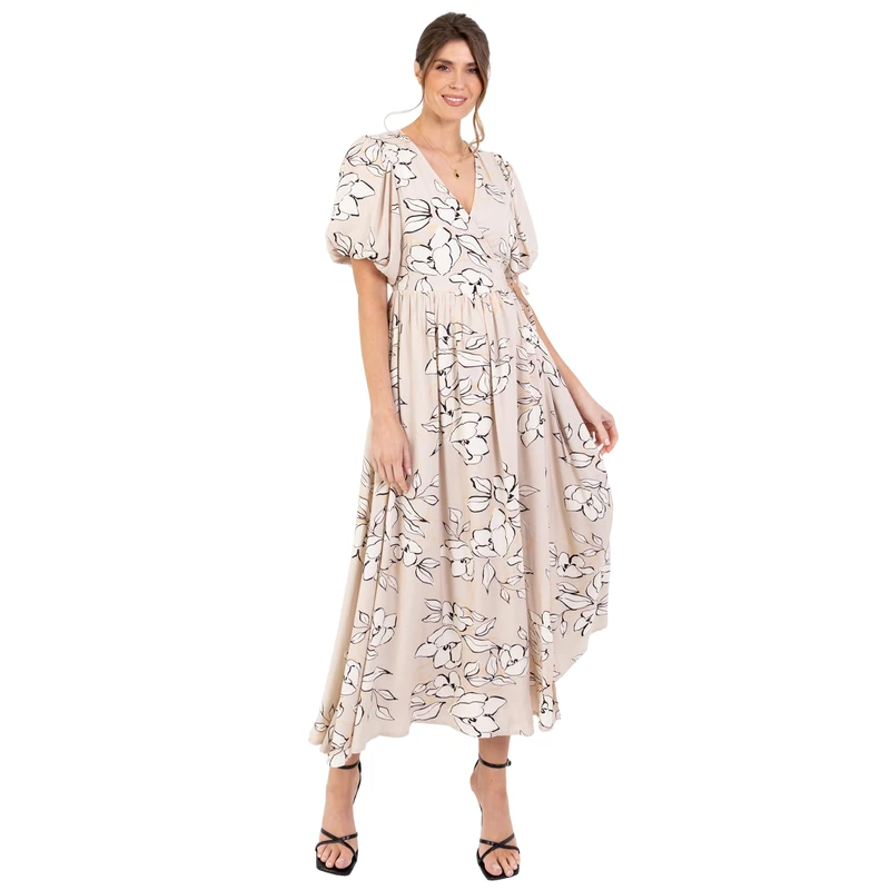 Lovedrobe Women's Ladies Maxi Dress Short Puff Sleeves V-Neckline Wrap Waist Tie A-line Evening Occasion Floral Print Summer Dress, - Image 1