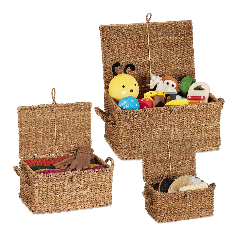 Relaxdays Storage Box, Set of 3, Round Basket with Lid, Bathroom Organiser, 3 Different, Seagrass, Brown/White, Plant fibre, Various sizes